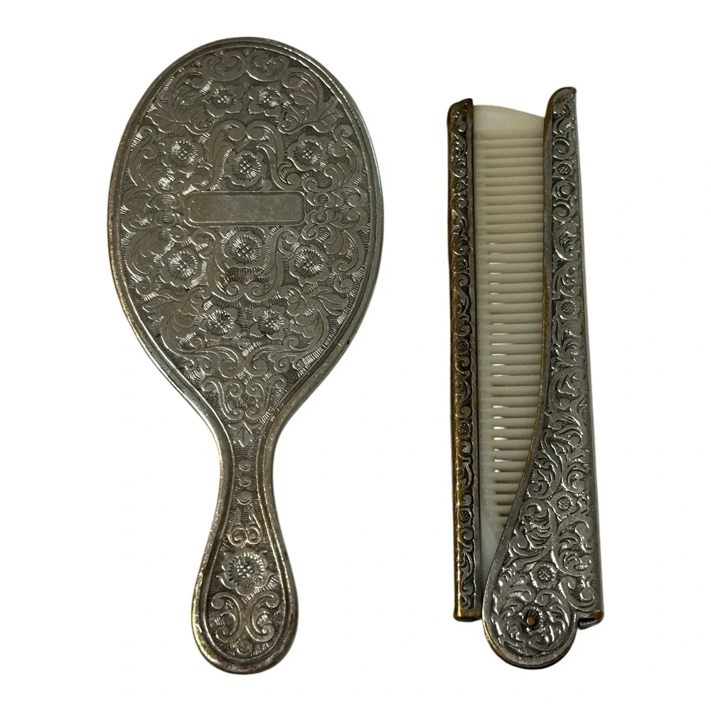 Vintage Silver Tone Mini Hand Mirror Folding Comb Set Floral Engraved Vanity